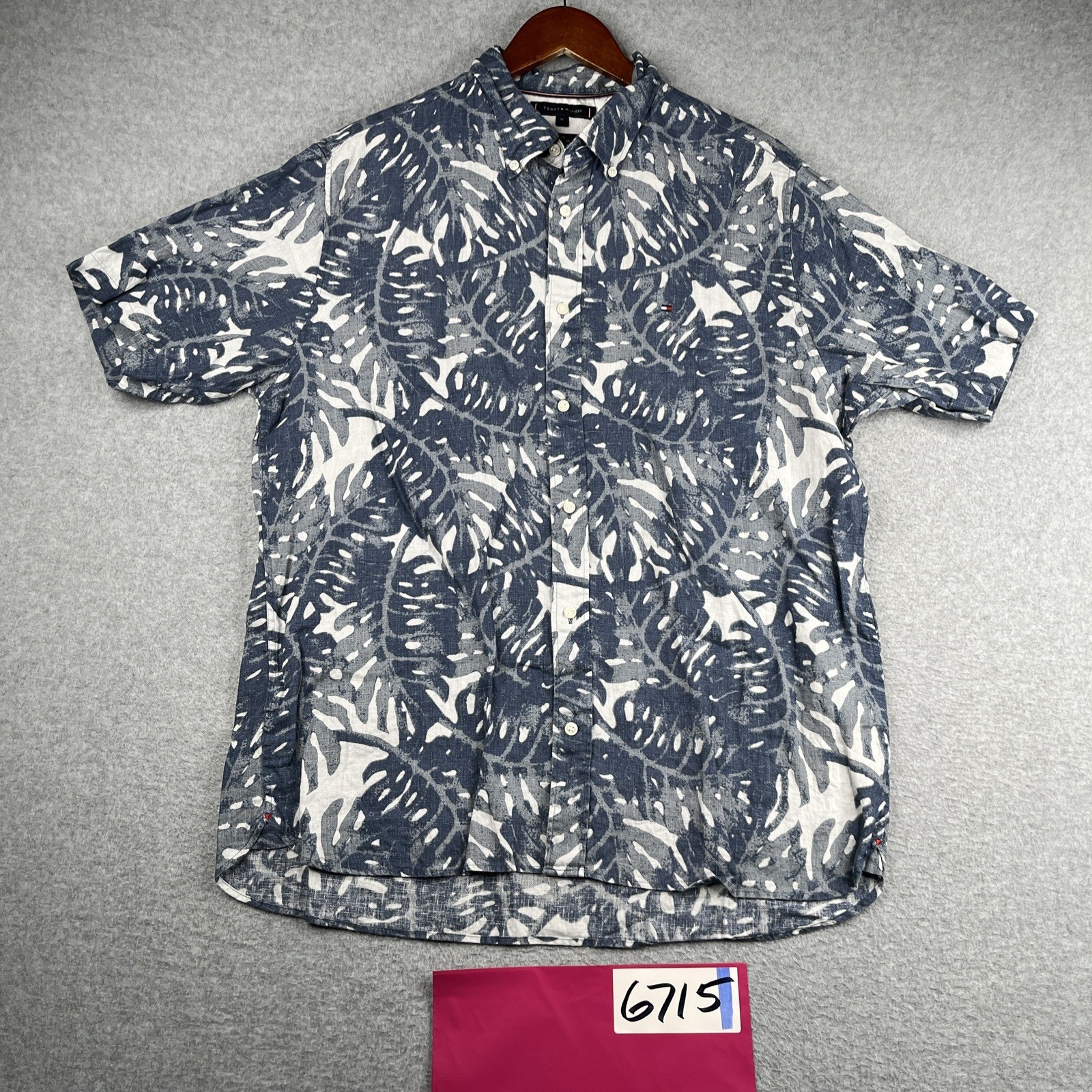 Tommy Hilfiger Linen Tropical Print Shirt Xl Regular Fit Button Up Short Sleeve
